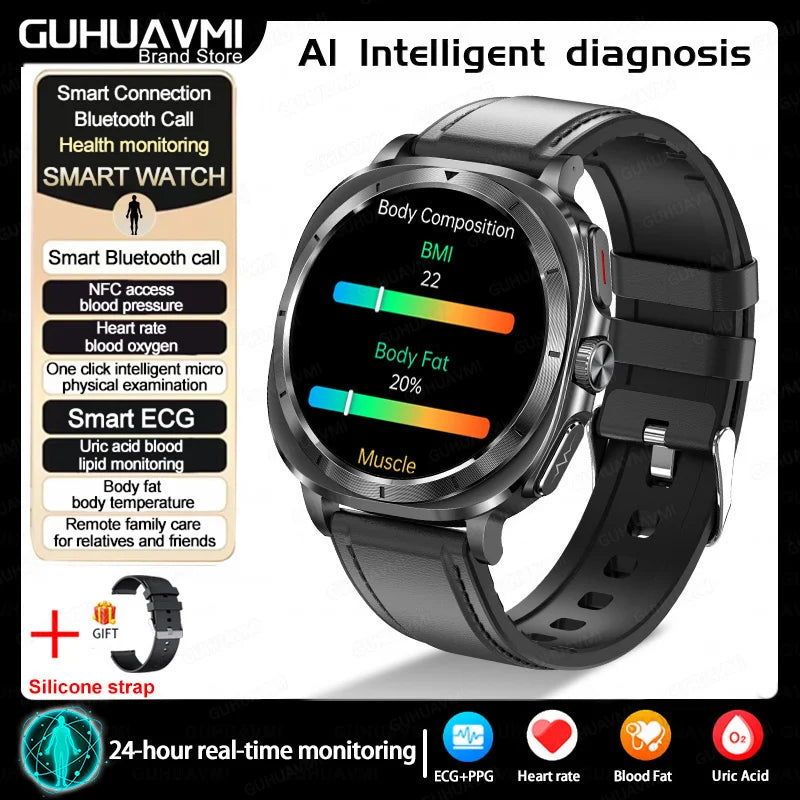 2025New HOT Nursing Grade Health Watch Uric Acid Blood Pressure Blood Oxygen Body Analysis Body Fat Smartwatch ECG+PPG Clock Men