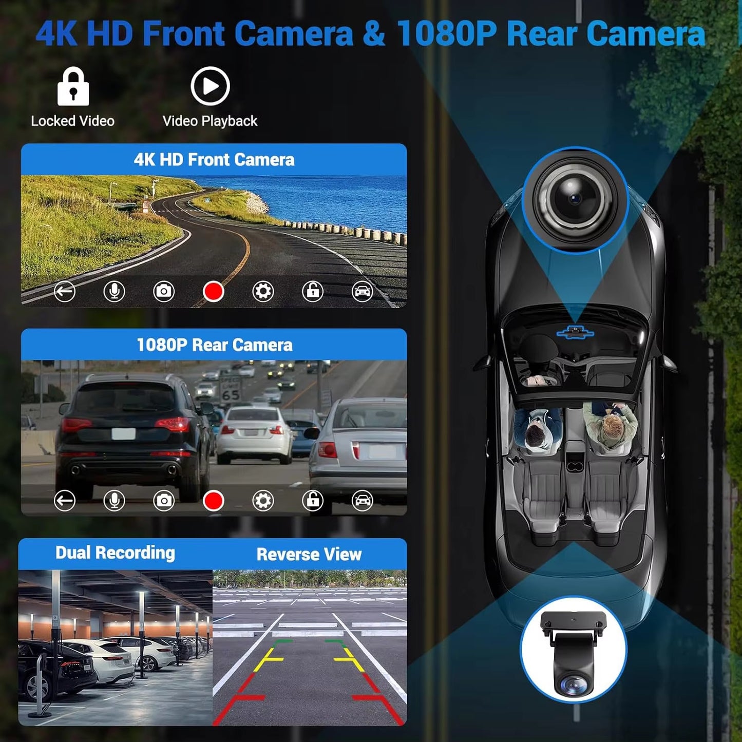 10/11.26 Inch 4K DVR Wireless Carplay & Android Auto Dash Cam Bluetooth Audio GPS Navigation Dashboard Dual Lens Video Recorder