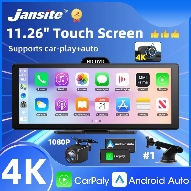 10/11.26 Inch 4K DVR Wireless Carplay & Android Auto Dash Cam Bluetooth Audio GPS Navigation Dashboard Dual Lens Video Recorder
