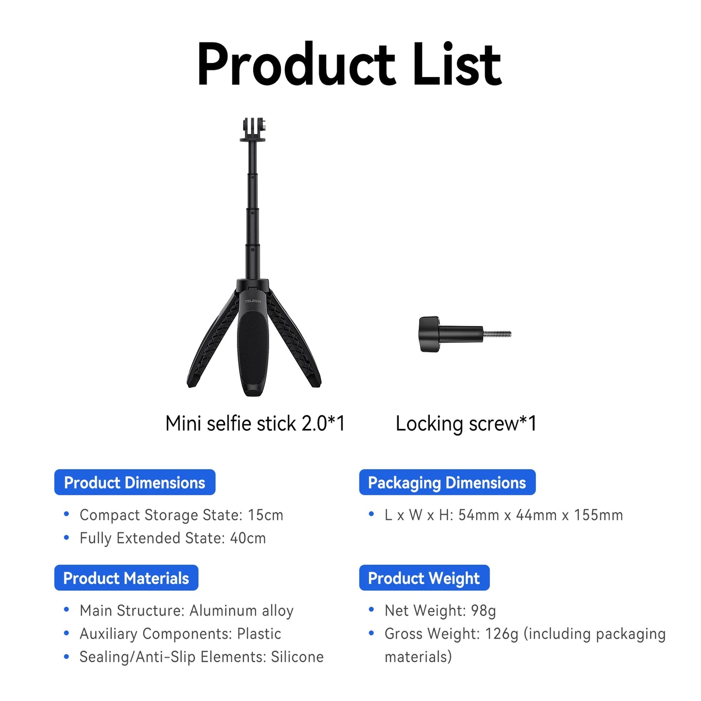 Mini Quick Release Selfie Stick Tripod Portable Adjustable Length for Gopro Insta360 DJI Osmo Action Action Camera