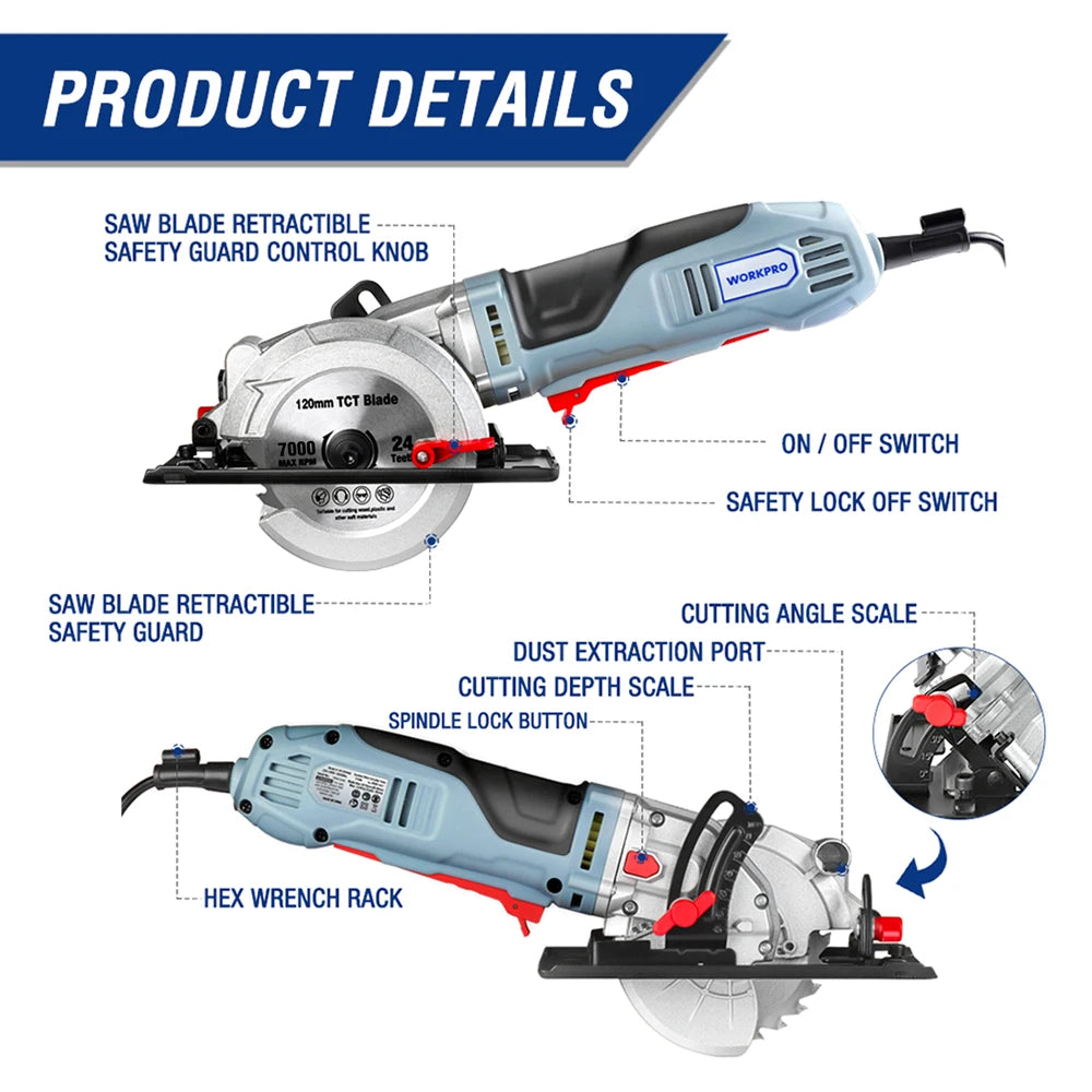 750W Mini Circular Saw with 2Pc Saw Blades for Cutting Tiles Plastics 5200Rpm Portable DIY Woodwork Power Tool Carpentry