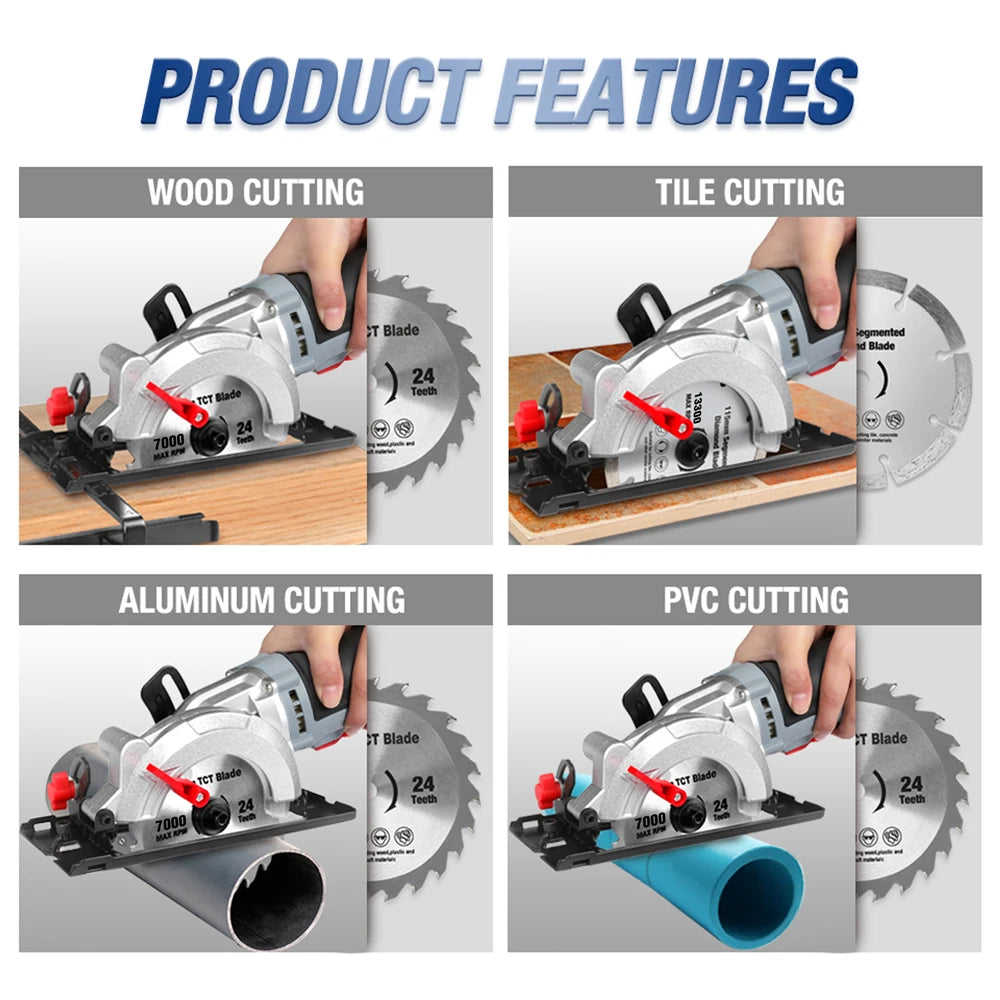 750W Mini Circular Saw with 2Pc Saw Blades for Cutting Tiles Plastics 5200Rpm Portable DIY Woodwork Power Tool Carpentry