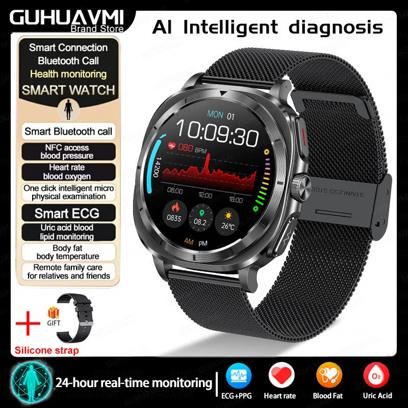 2025New HOT Nursing Grade Health Watch Uric Acid Blood Pressure Blood Oxygen Body Analysis Body Fat Smartwatch ECG+PPG Clock Men