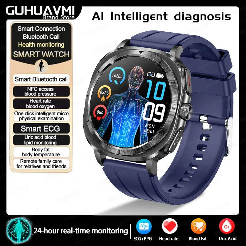 2025New HOT Nursing Grade Health Watch Uric Acid Blood Pressure Blood Oxygen Body Analysis Body Fat Smartwatch ECG+PPG Clock Men