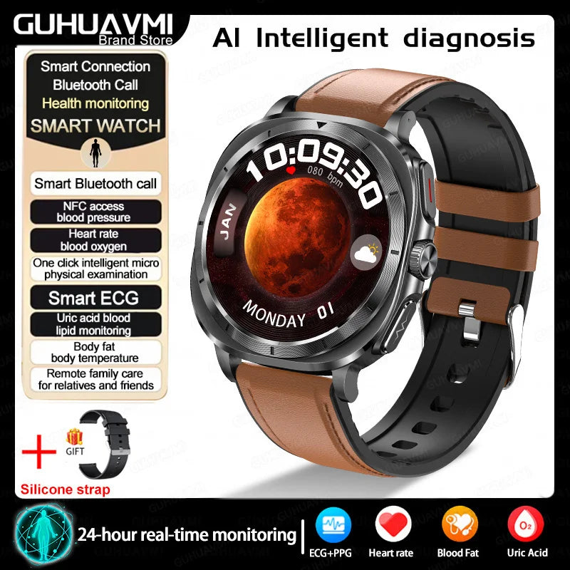 2025New HOT Nursing Grade Health Watch Uric Acid Blood Pressure Blood Oxygen Body Analysis Body Fat Smartwatch ECG+PPG Clock Men