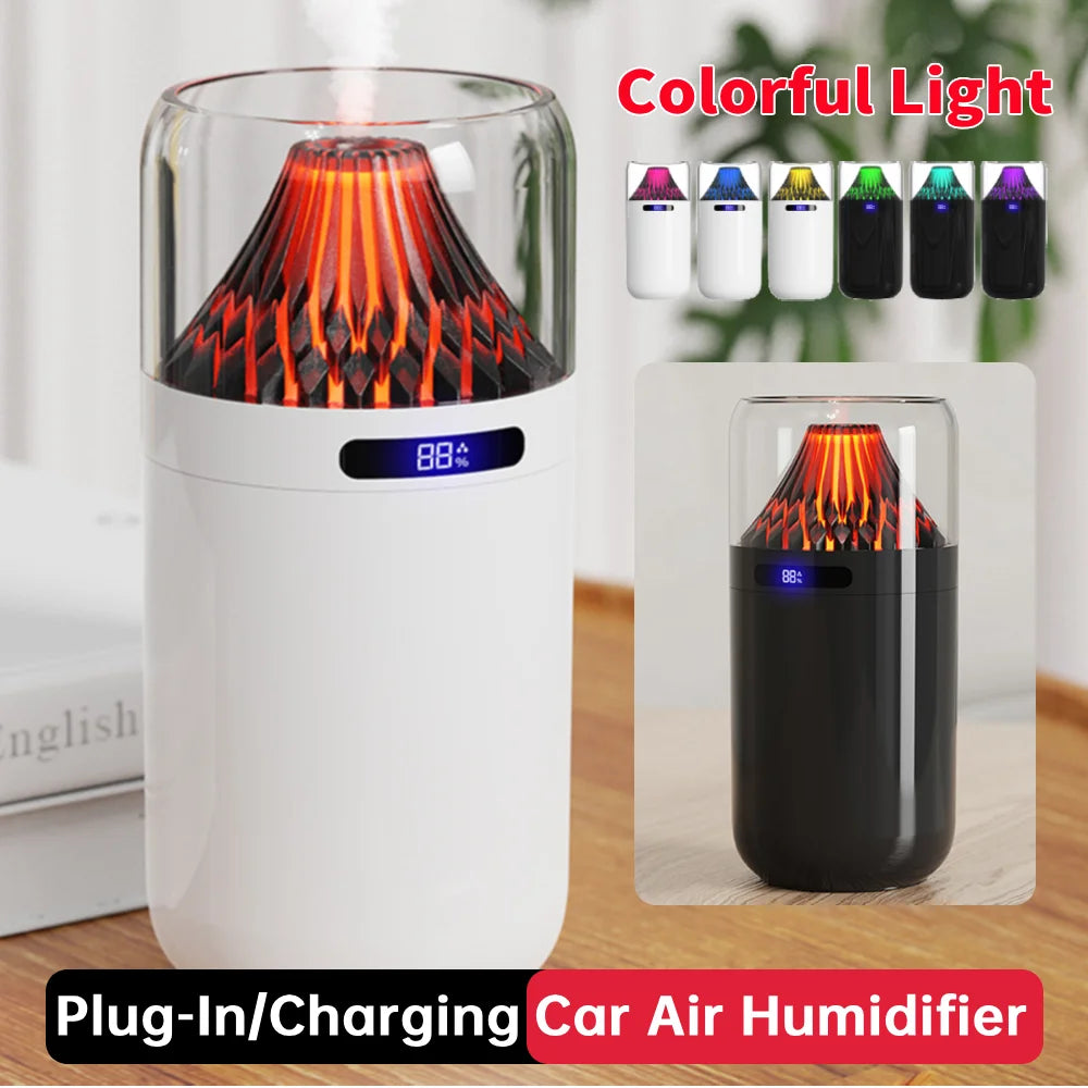 Volcano-Shaped Car Air Humidifier Colorful Night Light Aroma Essential Oil Diffuser USB Plug-In/Battery Charging for Home Office