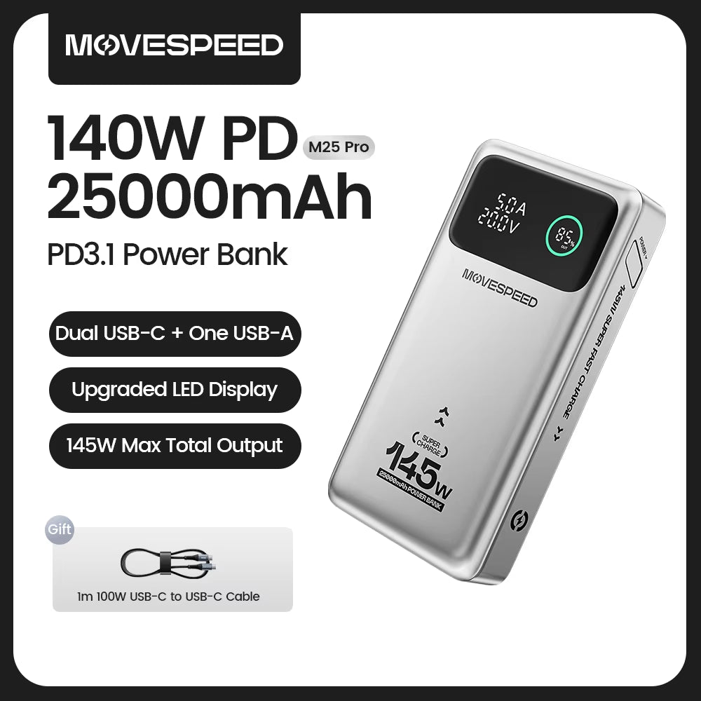 M25Pro 140W Power Bank 25000Mah Type C Fast Charge Portable External Battery 100W Powerbank for Iphone Macbook Laptop