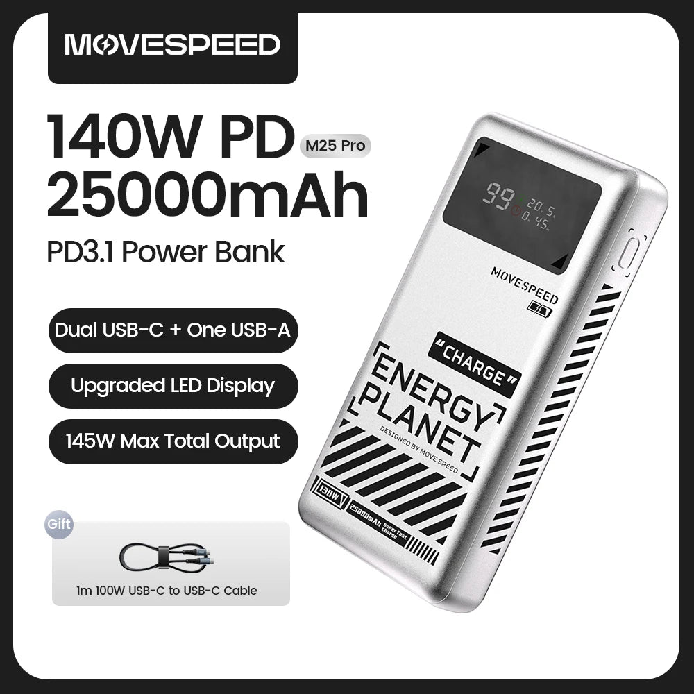 M25Pro 140W Power Bank 25000Mah Type C Fast Charge Portable External Battery 100W Powerbank for Iphone Macbook Laptop