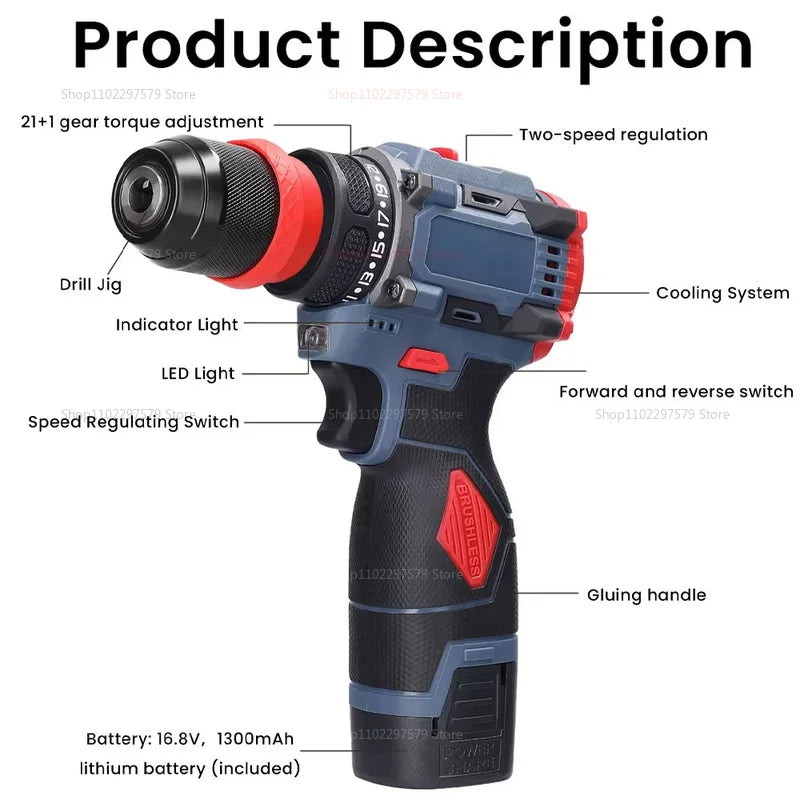 2 in 1 Brushless Electric Impact Drill and Screwdriver Rechargeable Cordless Power Tool for Home DIY and Professional Use