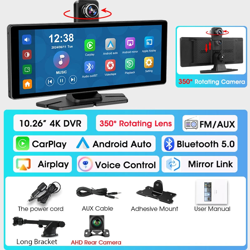 7"/10.26" 4K Dash Cam Wireless Carplay Android Auto 350° Rotating Lens Car DVR GPS Navigation Dashboard Video Recorder Bluetooth