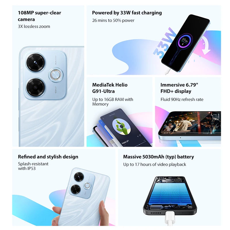 Global Version Redmi 13X Smartphone MTK Helio G91 Ultra 108MP Super Clear Camera 6.79" FHD+ Display 33W Fast Charging