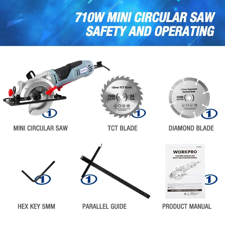 750W Mini Circular Saw with 2Pc Saw Blades for Cutting Tiles Plastics 5200Rpm Portable DIY Woodwork Power Tool Carpentry