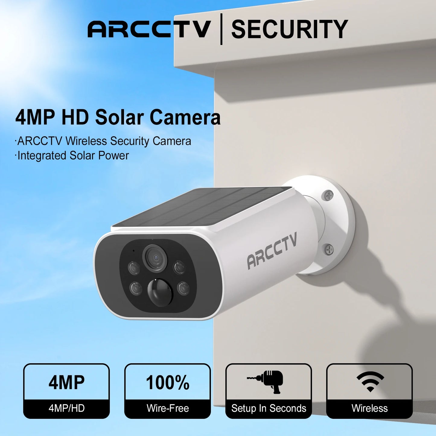 ARCCTV 2K Wireless Solar Camera Outdoor Surveillance Integrated Battery Wifi Camera Humanoid Detection Flash Alarm Night Vision