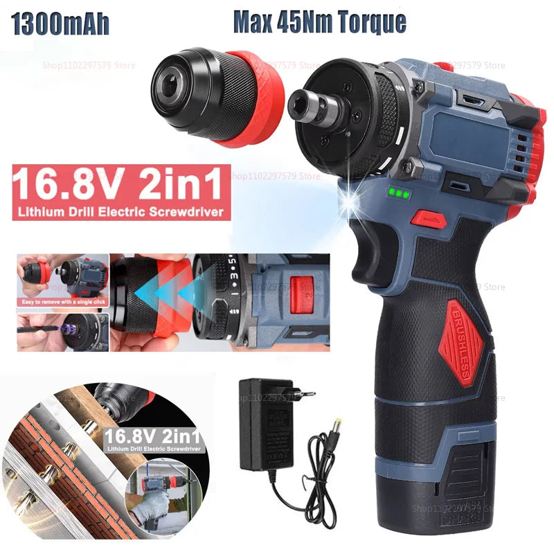 2 in 1 Brushless Electric Impact Drill and Screwdriver Rechargeable Cordless Power Tool for Home DIY and Professional Use