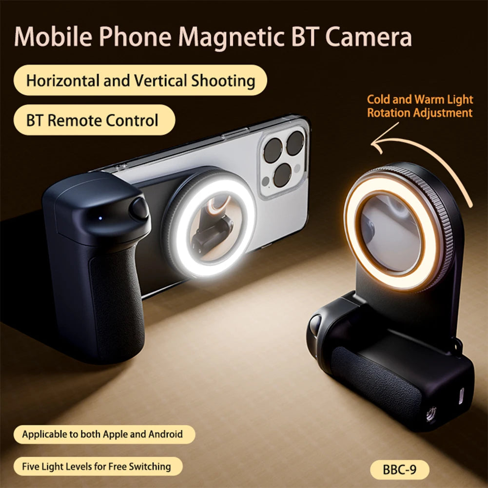 For Magsafe Bluetooth-Compatible Shutter Phone Holder Camera Handle Grip Selfie Stablizer with Fill Light for Android Iphone 16
