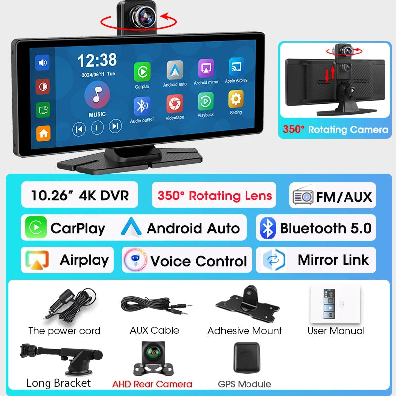 7"/10.26" 4K Dash Cam Wireless Carplay Android Auto 350° Rotating Lens Car DVR GPS Navigation Dashboard Video Recorder Bluetooth