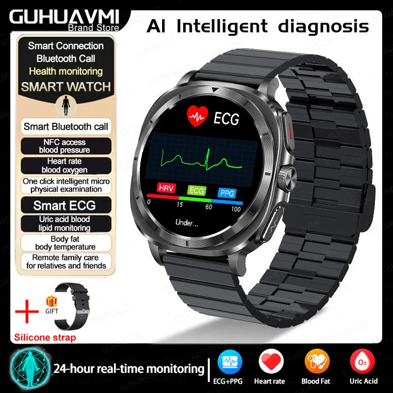 2025New HOT Nursing Grade Health Watch Uric Acid Blood Pressure Blood Oxygen Body Analysis Body Fat Smartwatch ECG+PPG Clock Men