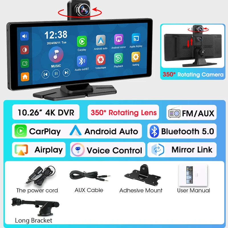 7"/10.26" 4K Dash Cam Wireless Carplay Android Auto 350° Rotating Lens Car DVR GPS Navigation Dashboard Video Recorder Bluetooth