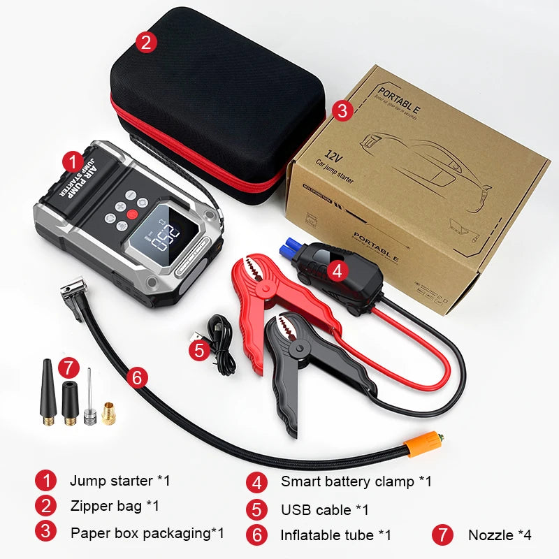 7000A Car Jump Starter 26800Mah Power Bank 150PSI Pump Air Compressor Emergency Battery Booster Power Bank Start