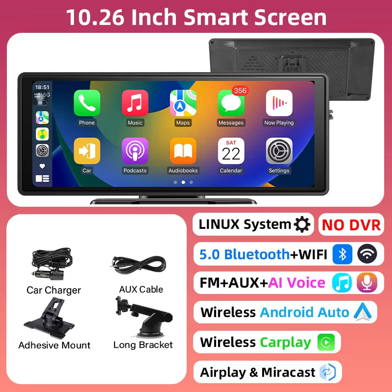 10/11.26 Inch 4K DVR Wireless Carplay & Android Auto Dash Cam Bluetooth Audio GPS Navigation Dashboard Dual Lens Video Recorder
