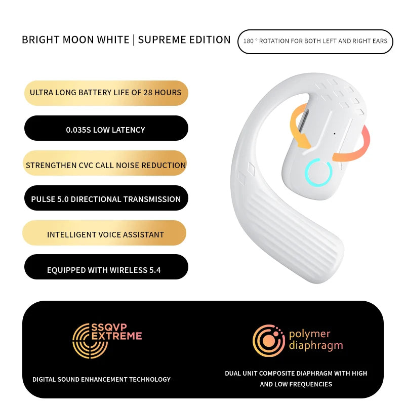 Bluetooth 5.4 Open Wireless Earphone 180° Rotation Adjustable Left Right Ear Universal Headset with Mic for Sport Business Music