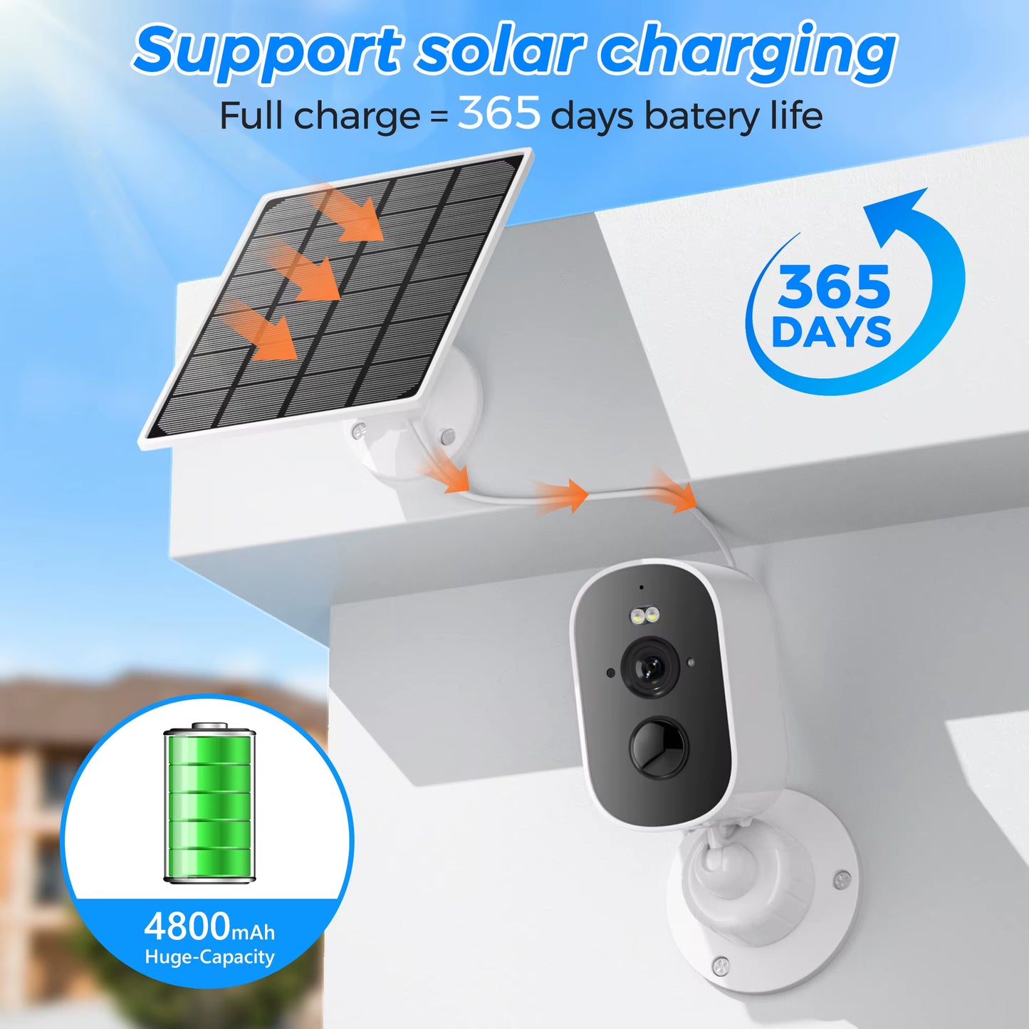 1080P Wifi Camera Solar Outdoor Wireless Battery Powered Bullet Security Camera PIR Motion Alarm Cloud Storage Two Way Audio