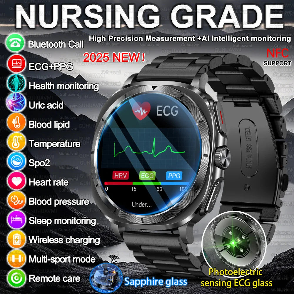 2025New HOT Nursing Grade Health Watch Uric Acid Blood Pressure Blood Oxygen Body Analysis Body Fat Smartwatch ECG+PPG Clock Men