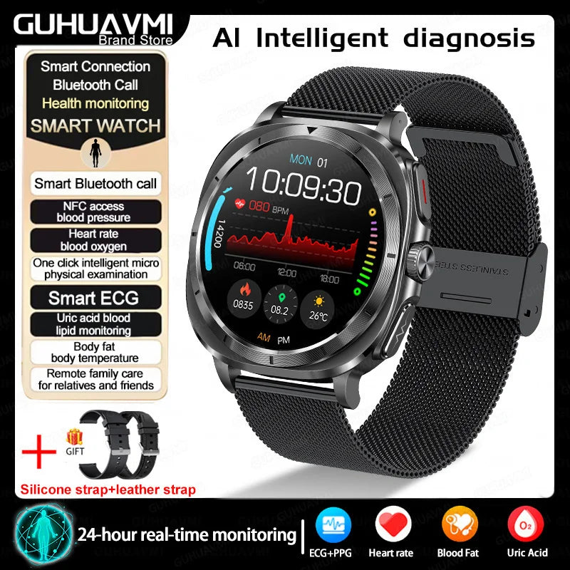2025New HOT Nursing Grade Health Watch Uric Acid Blood Pressure Blood Oxygen Body Analysis Body Fat Smartwatch ECG+PPG Clock Men