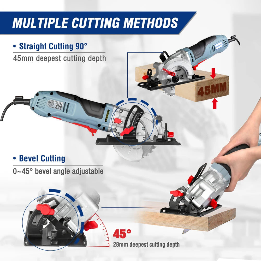 750W Mini Circular Saw with 2Pc Saw Blades for Cutting Tiles Plastics 5200Rpm Portable DIY Woodwork Power Tool Carpentry