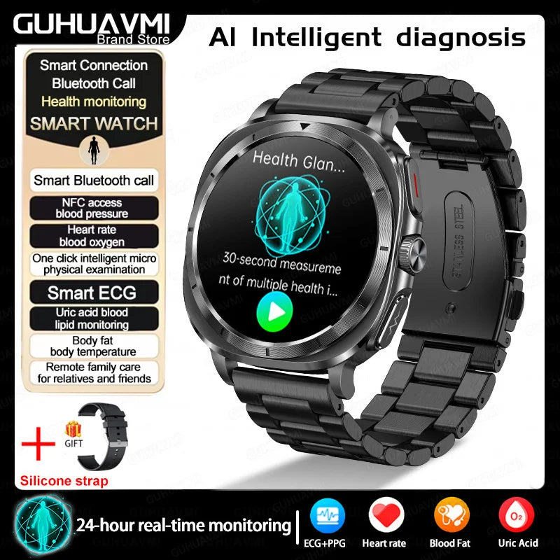2025New HOT Nursing Grade Health Watch Uric Acid Blood Pressure Blood Oxygen Body Analysis Body Fat Smartwatch ECG+PPG Clock Men