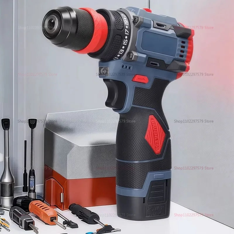 2 in 1 Brushless Electric Impact Drill and Screwdriver Rechargeable Cordless Power Tool for Home DIY and Professional Use