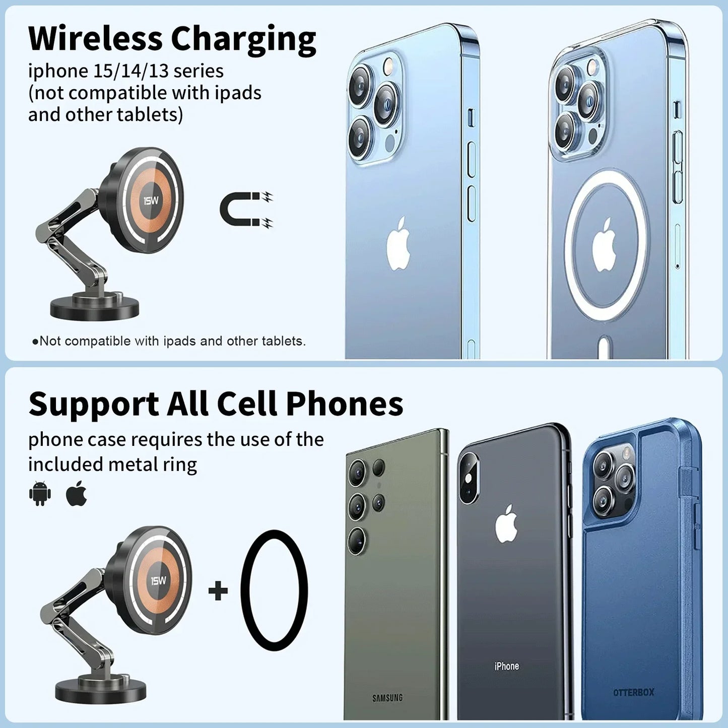 15W Magnetic Car Phone Holder Mount Wireless Charger Rotation Magnetic Car Phone Stand Fast Charging for Iphone 16 15 14 13 12