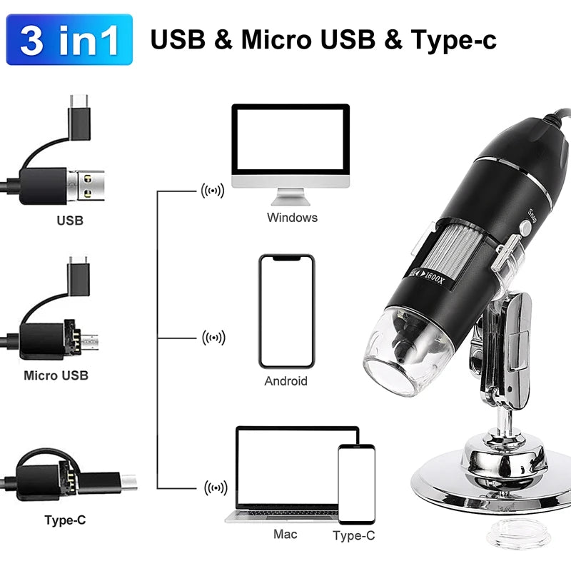 1600X 3In 1 Digital Microscope Camera Portable Electronic Microscope for Soldering LED Magnifier Type-C USB Charge Magnifier