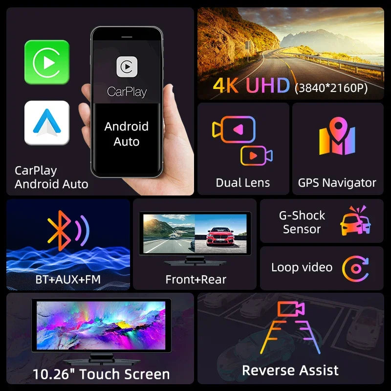 7"/10.26" 4K Dash Cam Wireless Carplay Android Auto 350° Rotating Lens Car DVR GPS Navigation Dashboard Video Recorder Bluetooth