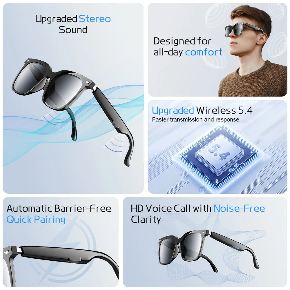 AI Sunglasses Wireless Bluetooth Earphones Stereo Sound Earbuds Touch Control Wireless Headphones Sports Headsets with HD Call