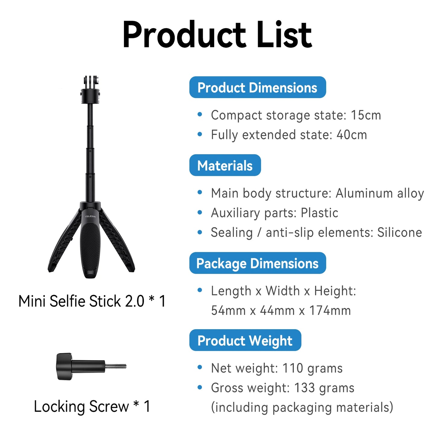 Mini Quick Release Selfie Stick Tripod Portable Adjustable Length for Gopro Insta360 DJI Osmo Action Action Camera
