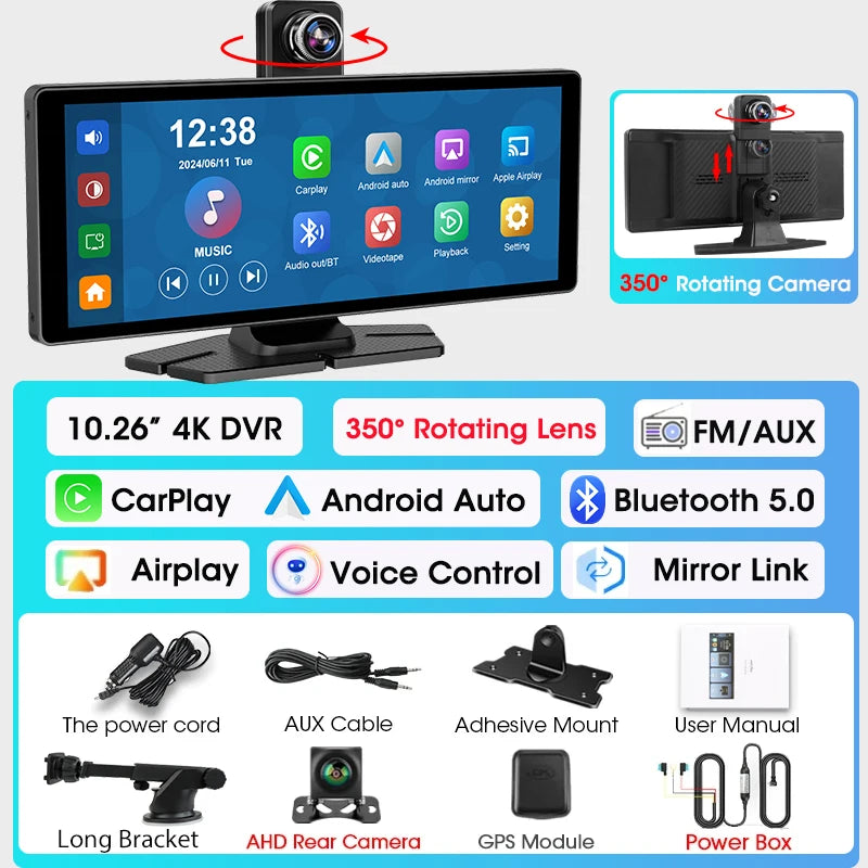 7"/10.26" 4K Dash Cam Wireless Carplay Android Auto 350° Rotating Lens Car DVR GPS Navigation Dashboard Video Recorder Bluetooth