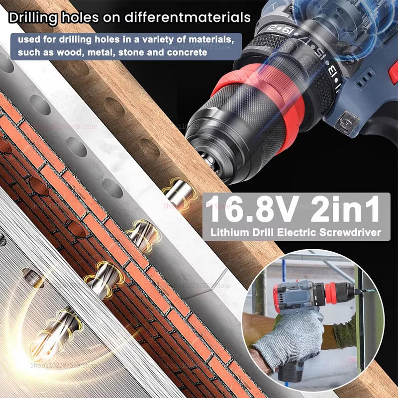 2 in 1 Brushless Electric Impact Drill and Screwdriver Rechargeable Cordless Power Tool for Home DIY and Professional Use