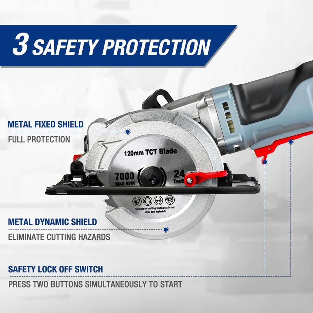 750W Mini Circular Saw with 2Pc Saw Blades for Cutting Tiles Plastics 5200Rpm Portable DIY Woodwork Power Tool Carpentry