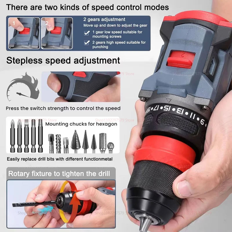 2 in 1 Brushless Electric Impact Drill and Screwdriver Rechargeable Cordless Power Tool for Home DIY and Professional Use