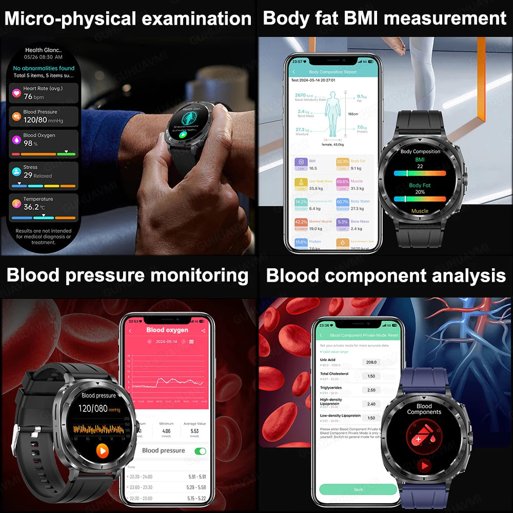 2025New HOT Nursing Grade Health Watch Uric Acid Blood Pressure Blood Oxygen Body Analysis Body Fat Smartwatch ECG+PPG Clock Men