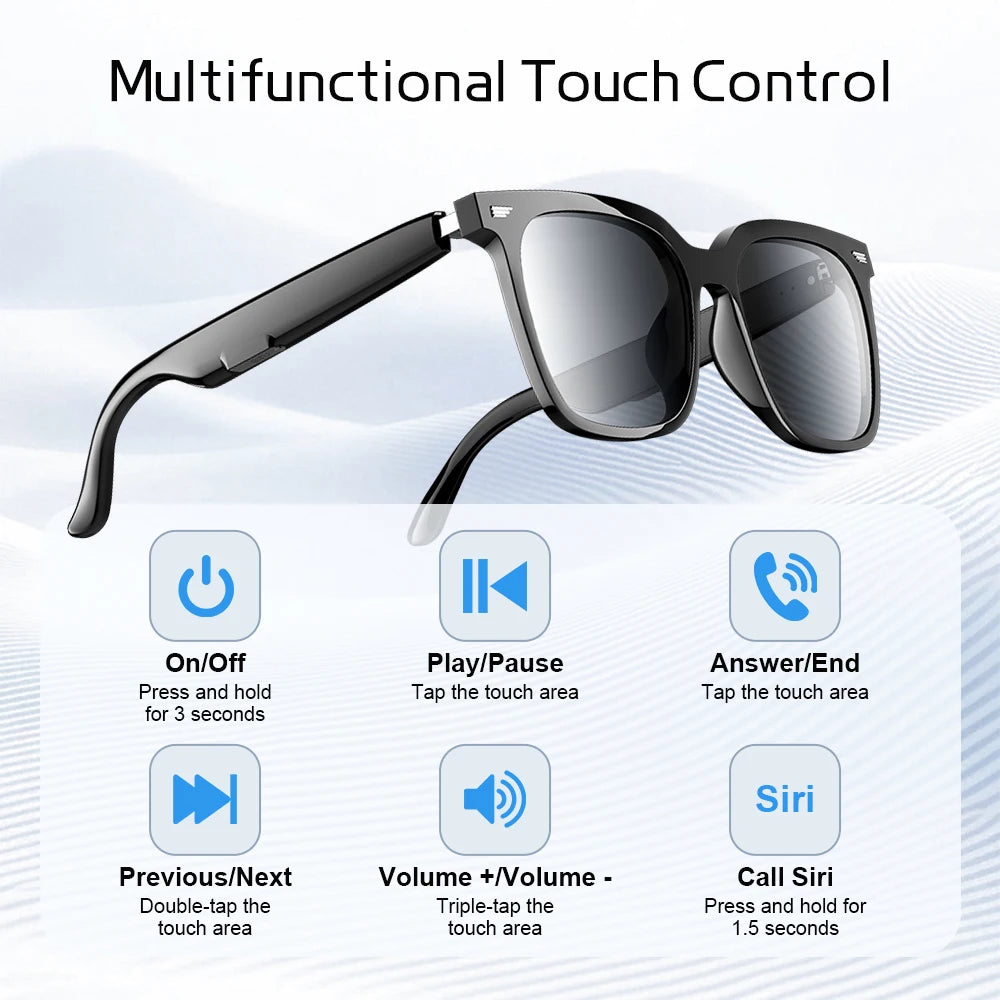 AI Sunglasses Wireless Bluetooth Earphones Stereo Sound Earbuds Touch Control Wireless Headphones Sports Headsets with HD Call