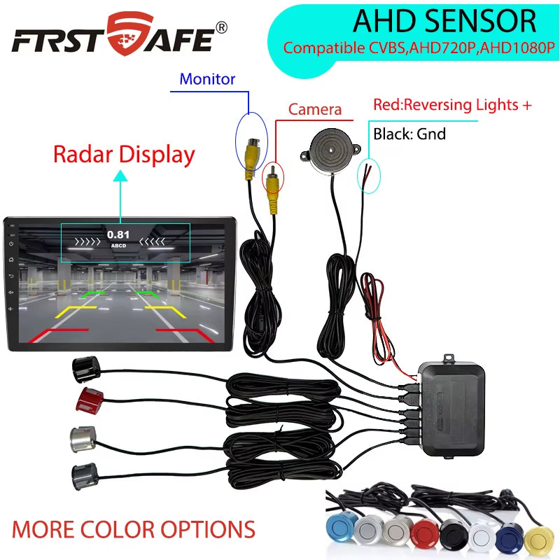 Firstsafe Factory CVBS AHD Video Parking 4 Sensors Car Reverse Backup Rear Buzzer Radar Monitor System Support Android System
