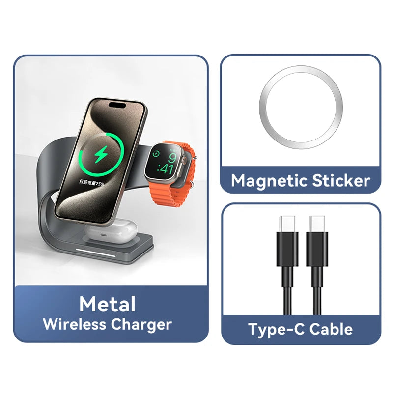 4 in 1 Wireless Charger Metal Shell for Iphone 15 14 13 12 Magnetic Fast Charging Station Stand Dock for Apple Airpods Watch