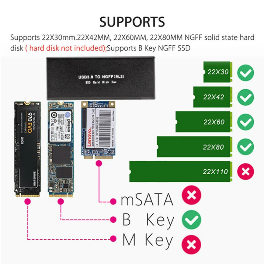 USB 3.0 to NGFF M.2 SSD External Hard Disk Drive HDD Box Support 2230 2242 2260 2280 Hard Disk USB 3.0 to M2 SSD Case