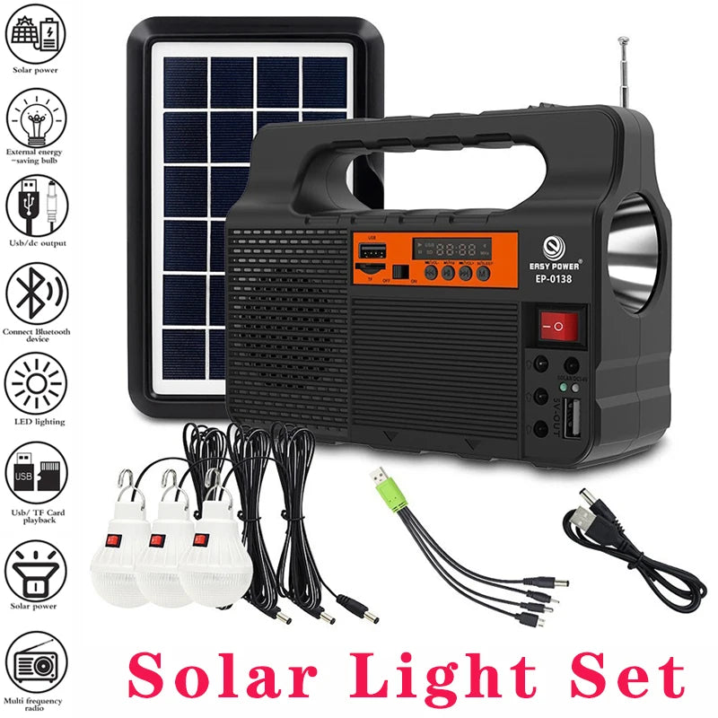 Solar Panel with 3Pcs LED Bulb Highlight Power Generator Kit Energy Saving Solars Lighting with FM Radio for Outdoor Camping