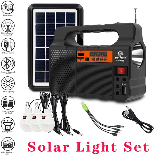 Solar Panel with 3Pcs LED Bulb Highlight Power Generator Kit Energy Saving Solars Lighting with FM Radio for Outdoor Camping