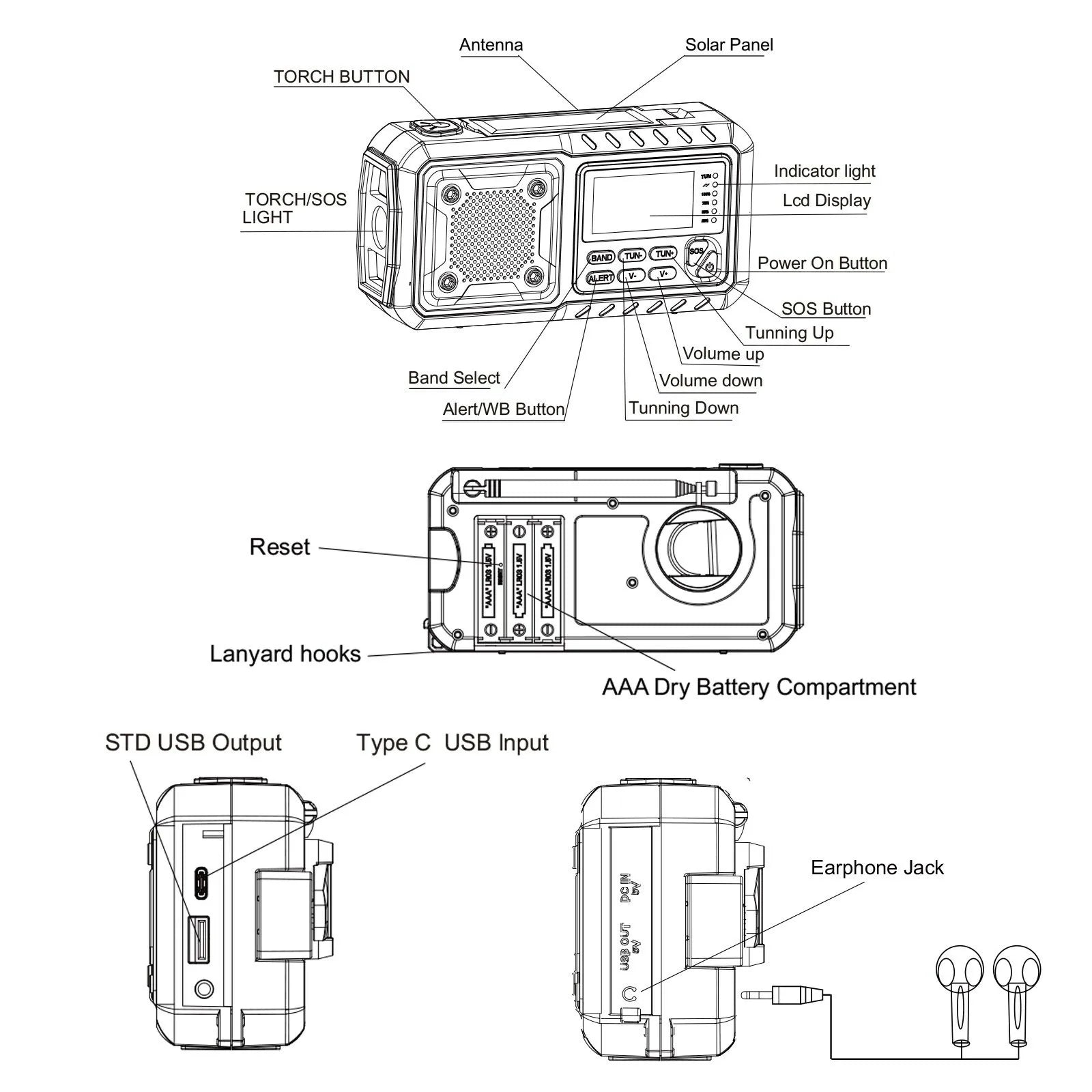 LOTOTG Portable Emergency Solar Power Radio Hand Crank Charging AM/FM Weather Radio Led Reading Flashlight Bank Phone Charger