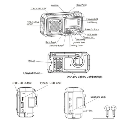 LOTOTG Portable Emergency Solar Power Radio Hand Crank Charging AM/FM Weather Radio Led Reading Flashlight Bank Phone Charger