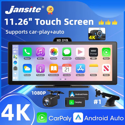 10/11.26 Inch 4K DVR Wireless Carplay & Android Auto Dash Cam Bluetooth Audio GPS Navigation Dashboard Dual Lens Video Recorder